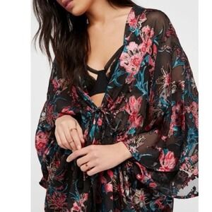 FREE PEOPLE Only In‎ Dreams Sheer Floral Burnout Kimono Open Cardigan One Size